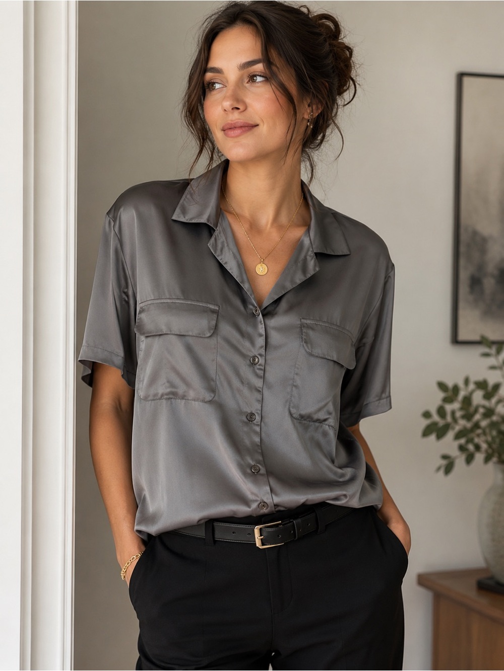 August Silk Brand  Silk Short-Sleeve Button-Down Blouse in Charcoal